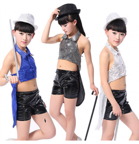Royal blue white silver grey black sequins girls kids children stage performance school play jazz dj ds hip hop tuxedo dance costumes outfits with hats